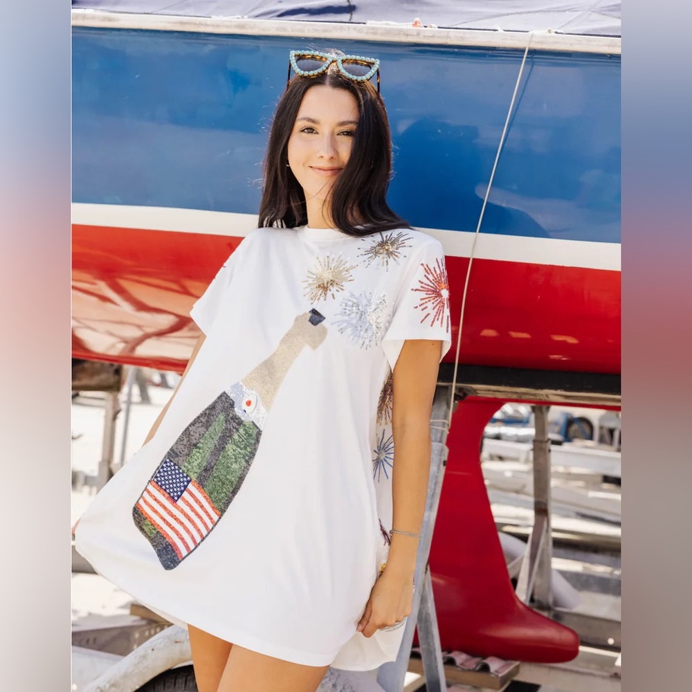 NWT Queen of Sparkles White USA Popping Champagne Tee Dress